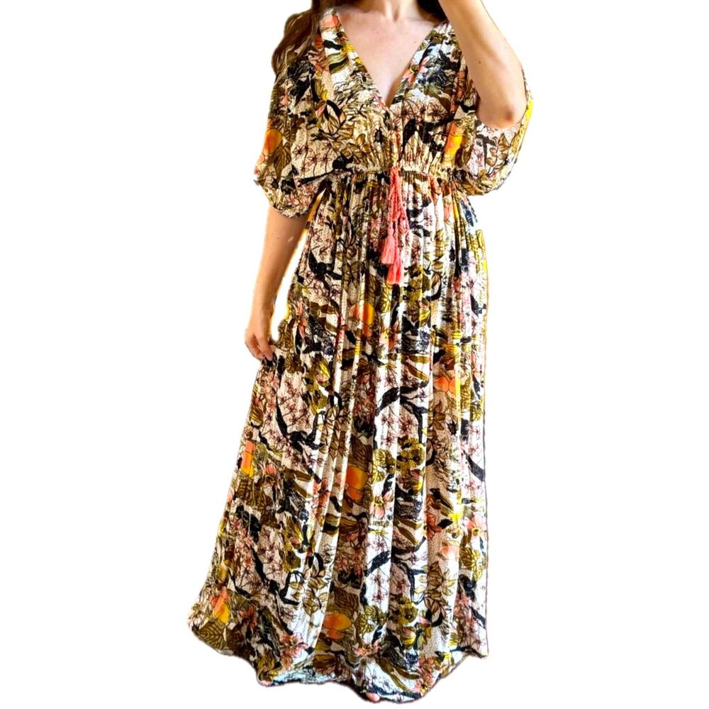 World Market Rare 2021 Mira Botanical Kaftan Dress L XL White Black Caftan Gown